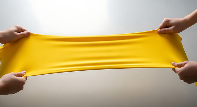Two hands stretching yellow fabric material.