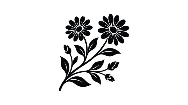 Black daisy flower silhouettes with leaves and stems on a white background silhouette