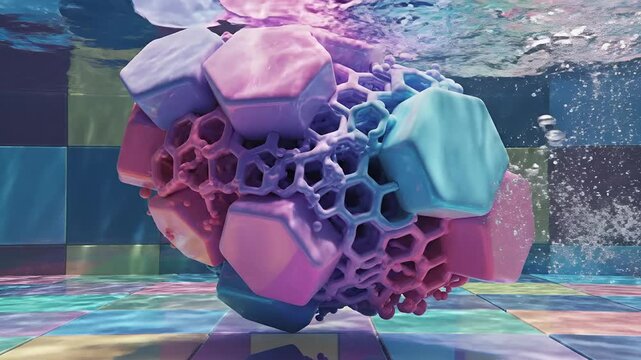 Abstract Geometric Object Submerged in Water with Colorful Reflections.
