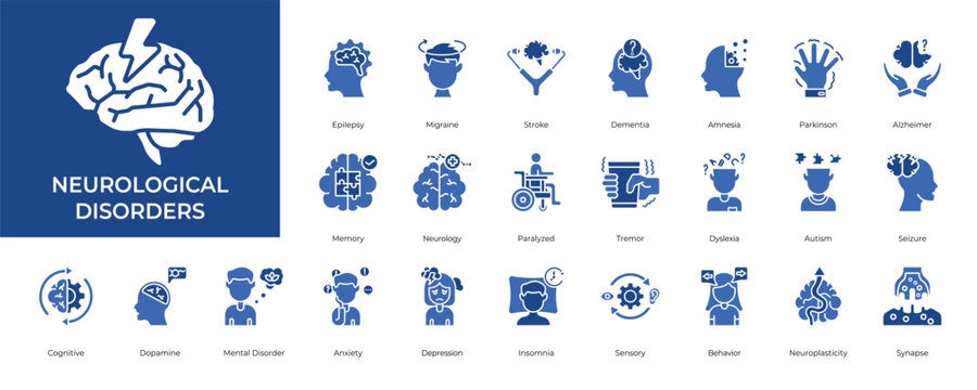 Neurological Disorder Icon set Collection in Glyph Two Color Style. brain, cognitive, autism, epilepsy, migraine, stroke