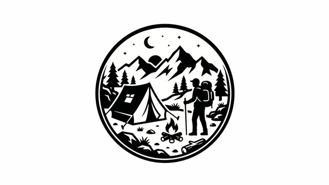 Camping and Hiking Adventure Badge Logo with Mountains and Tent