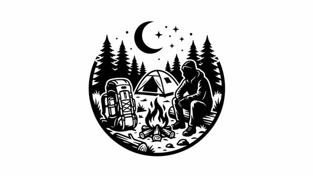 Camping Night Adventure with Tent and Campfire Vector Illustration