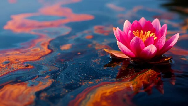 A pristine lotus flower in polluted, oily water, a cinematic concept of nature's survival. Perfect for an environmental background.