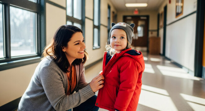 Woman zipping up a young childs red jacket in a sunlit school hallway, concept of childcare and early education