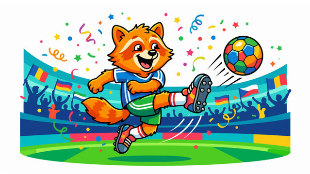 Cute Raccoon Mascot Playing Soccer in a Stadium with Confetti