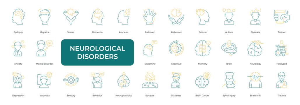 Neurological Disorder Icon set Collection in Line Two Color Style. brain, cognitive, autism, epilepsy, migraine, stroke