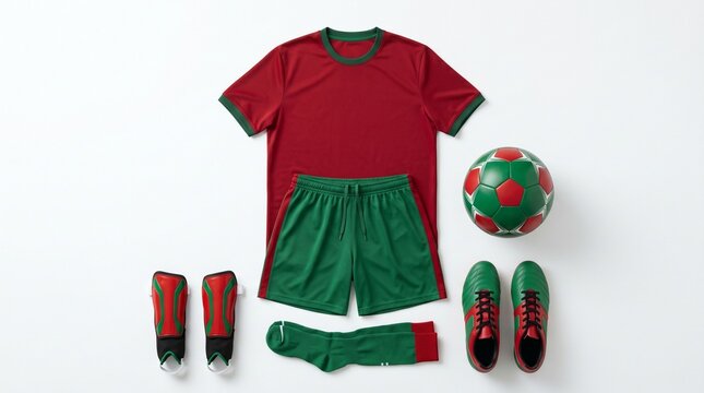 Complete Soccer Uniform and Equipment in Red and Green Colors Arranged Neatly on a White Background