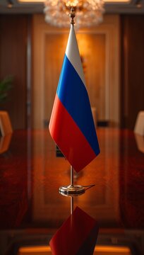 Generative AI captures a Russian flag displayed on a polished wooden table