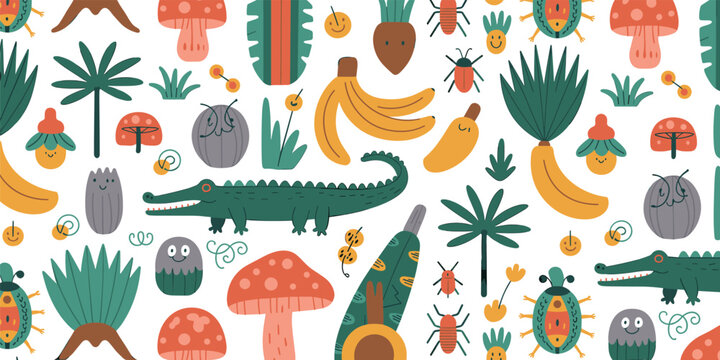 Seamless pattern background featuring cute jungle elements like crocodiles, tropical plants, exotic mushrooms, beetles, and happy smiling bananas