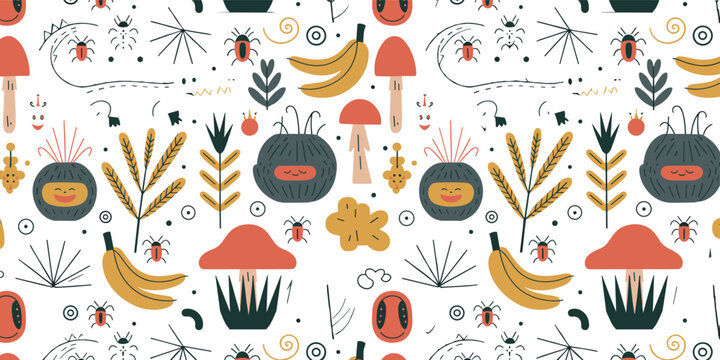 Seamless pattern background featuring cute jungle elements like crocodiles, tropical plants, exotic mushrooms, beetles, and happy smiling bananas