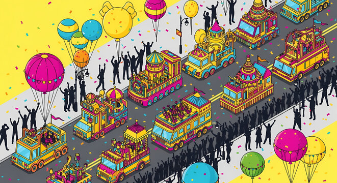 Isometric parade with colorful floats and cheering crowds