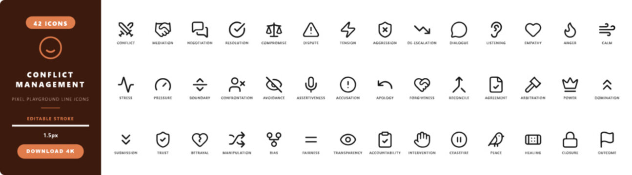 Conflict Management Vector Line Icon Set &mdash; Mediation, Negotiation, Resolution, Peace Symbols