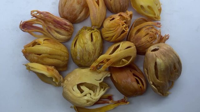 whole dried mace flowers (Javitri), a premium aromatic Indian spice, isolated on a white background.
