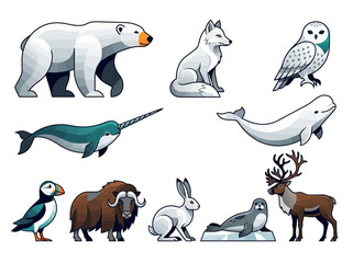 Arctic Animal Vector Illustration Set - Minimalist Wildlife Collection featuring Polar Bear, Reindeer, Arctic Fox, Snowy Owl, Narwhal, Beluga, and More Icons © Bu