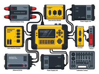 Professional Electronic Diagnostic System and Industrial Testing Equipment Set with Sensor Arrays, Power Supply, Data Interface, and Calibration Tools - Vector Illustration © Bu