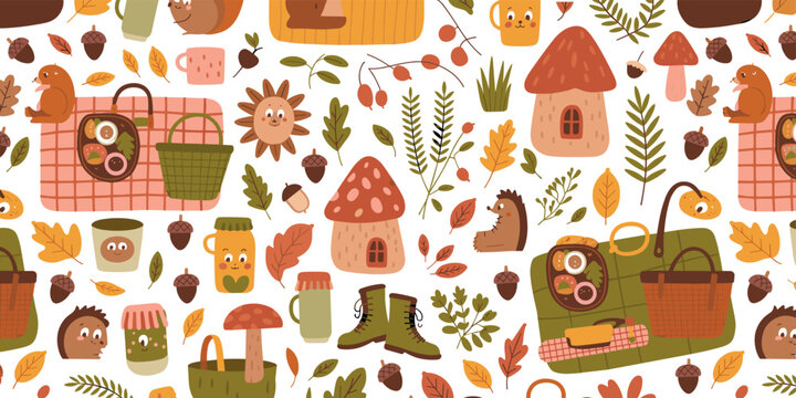 Seamless pattern background featuring cute autumn forest elements, squirrels, picnic baskets, mushrooms, acorns, and cozy fall picnic scenes