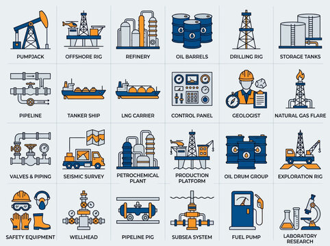 Oil and Gas Industry Icon Set - Petroleum Extraction, Refining, and Transport Vector Symbols