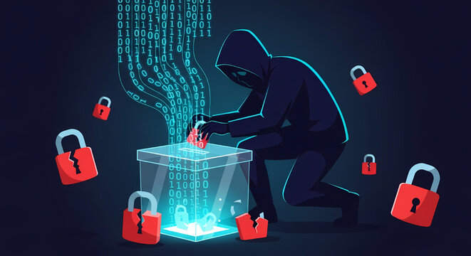 Digital hacker infiltrating secure data box with binary code