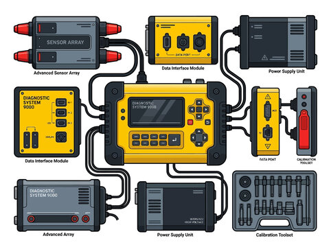 Professional Electronic Diagnostic System and Industrial Testing Equipment Set with Sensor Arrays, Power Supply, Data Interface, and Calibration Tools - Vector Illustration