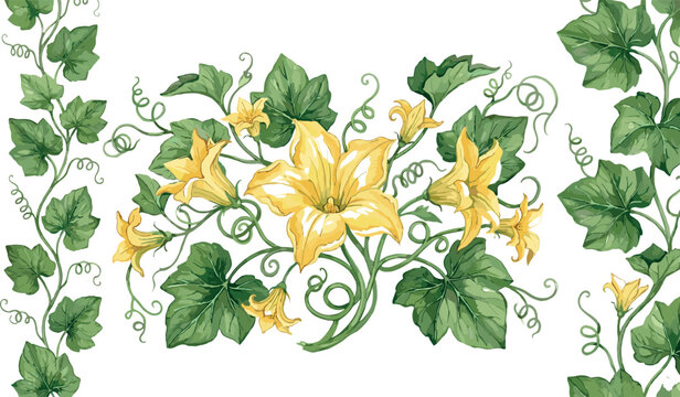 Watercolor Pumpkin Blossom Illustration Set Featuring Yellow Squash Flowers Climbing Green Leafy Vines and Tendrils Flat Botanical Vector Graphics