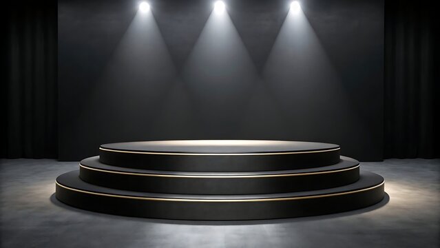 Three black circular stages with gold accents under spotlight in dark room