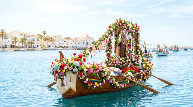 Flower-decorated boat procession with Virgin del Carmen on calm waters  