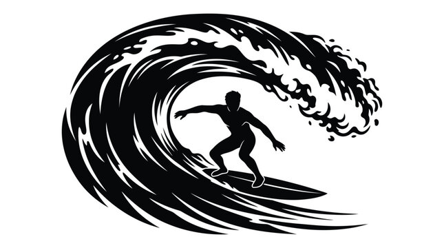 Surfer riding a wave with dynamic water splashes black and white silhouette