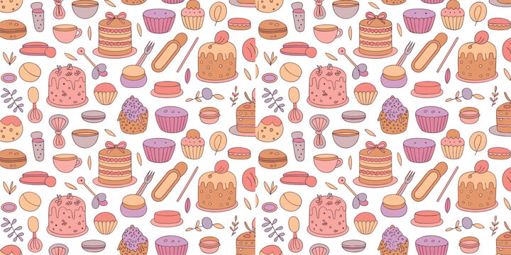 Seamless Pattern of Delicious Bakery Items Featuring Cakes Cupcakes Cookies Coffee and Kitchen Utensils for Culinary Designs