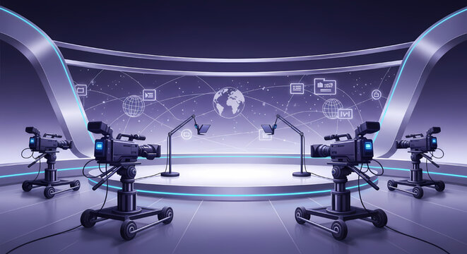 Professional television broadcast studio with digital news stage and multiple studio cameras