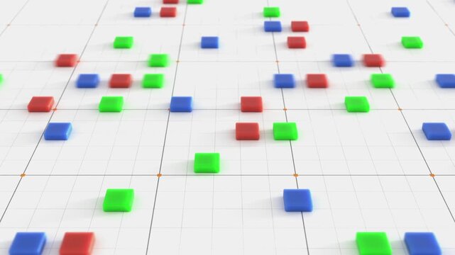 Square objects move in randomly coordinated on a data grid, scientific simulations of transport, logistics or traffic. Technology, industrial, research, analysis, time management, ideas, concept.