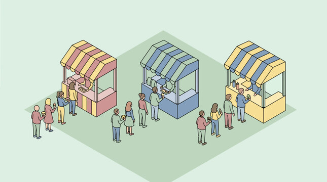 Isometric Street Food Market Stalls with People Queuing