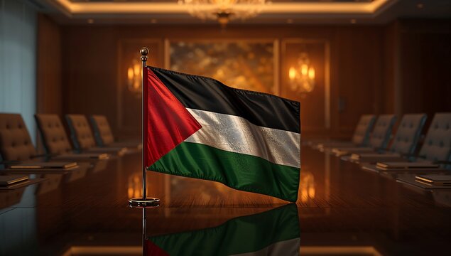 Generative AI depicts a Palestinian flag displayed in a formal conference room setting