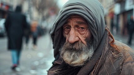 Fototapeta premium This poignant image captures the weathered face of an elderly man cloaked in a hood, reflecting the struggles of homelessness and the passage of time in an urban environment.