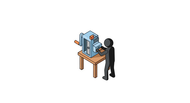 Black figure using large blue three dimensional printer.