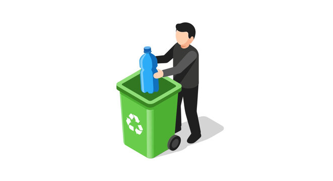 Person recycling plastic bottle in green waste bin.
