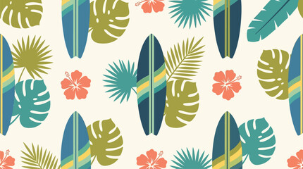 Seamless tropical pattern featuring surfboards, vibrant palm leaves, monstera, and hibiscus flowers on a light background. © Damel