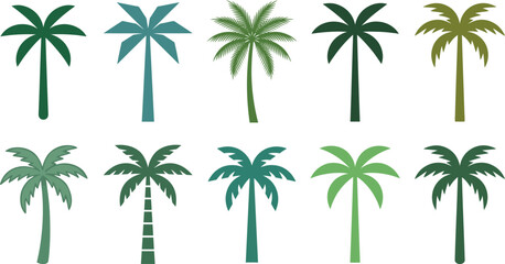 Collection of various palm tree silhouettes in different shades of green on white © VectoLover