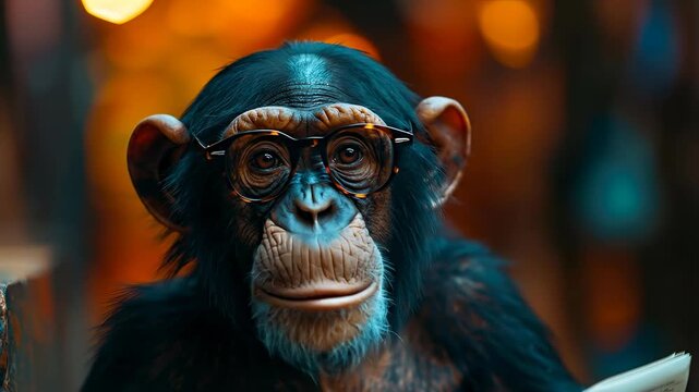 Side profile of chimpanzee wearing black tortoiseshell glasses. Close up portrait of a chimpanzee with spectacles looking to the side against a blurred orange background.