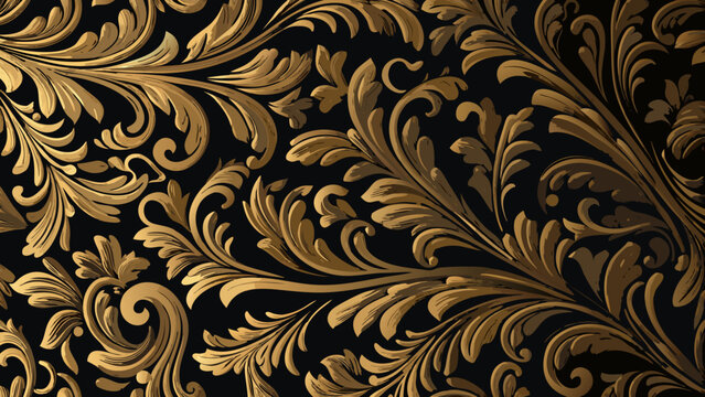 Ornate floral ornament a seamless vector pattern with golden leaves and swirling arabesques on a black background arabesque acanthus scrollwork foliage
