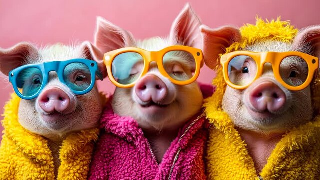 Three domestic pigs wearing bright glasses and jackets. Close up front view of three pink pigs dressed in yellow, pink, and orange jackets with matching colorful spectacles.
