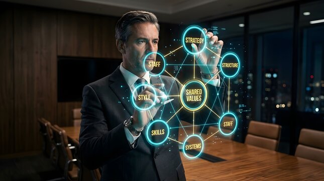Businessman Interacting with a Holographic 7S Framework Interface, Cinematic Digital Photography Style, Strategic Business Management and Corporate Innovation, Glowing bl