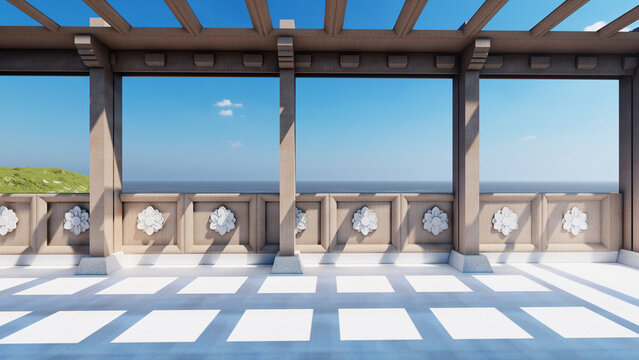 korean-style sea pavilion, korean traditional lotus pattern observatory, korean modern traditional style 3d, korean design 3d, sea observatory 3d, korean modern style pavilion