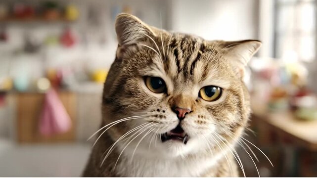 Cat loudly meows in kitchen. A cat is sitting in a kitchen, making a loud noise with its mouth open.