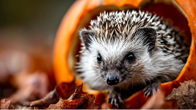 Hedgehog looking out from a carved orange pumpkin. Close up of a hedgehog emerging from inside a hollowed out pumpkin among dry autumn leaves