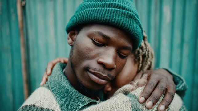 A tender moment is shared as one person embraces another, capturing a deep emotional connection, vulnerability, and warmth between the two individuals in a serene setting.