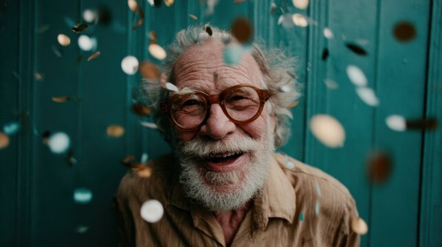 A joyful elderly man is smiling amidst falling confetti, capturing the essence of celebration and happiness, showcasing cherished moments filled with laughter and joy.