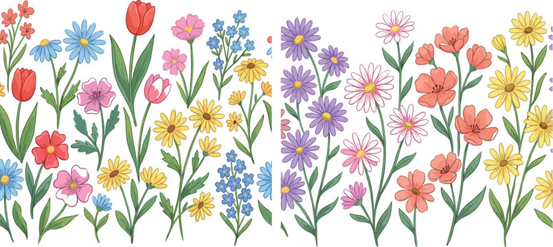 Colorful Wildflower Seamless Border Patterns Collection Featuring Tulips Daisies Aster and Cosmos Spring Garden Floral Hand Drawn Vector Graphics