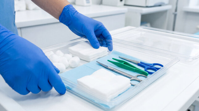 Healthcare professional in blue gloves preparing sterile medical supplies and surgical instruments for a procedure in a clinical setting