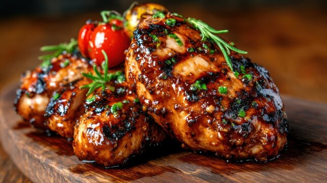 A tantalizing plate of grilled chicken breasts garnished with fresh herbs and cherry tomatoes, showcasing the artistry of culinary presentation and the joy of good food.