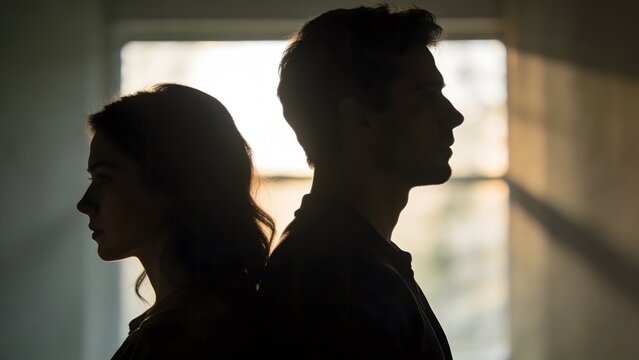 Silhouette of a man and woman in a breakup scene, standing apart with emotional distress. Cinematic lighting highlights the sorrow and tension between a couple facing a difficult moment.